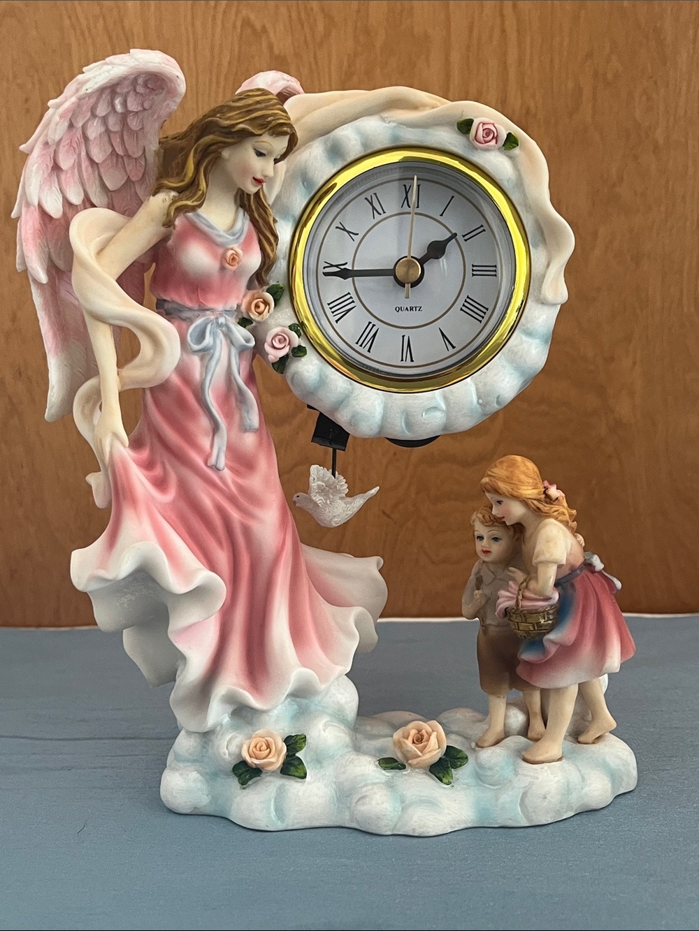 Vintage Pastel Guardian Angel & Children Mantel Clock with Dove Pendulum